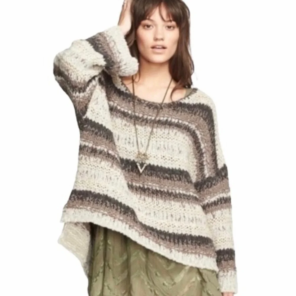 Free People chunky knit sweater oversized pullover boxy XS striped brown neutral